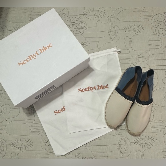 NEW See by Chloé Glyn Espadrille Flat Platform Sz 38 Cream Blue Convertible - Picture 11 of 13
